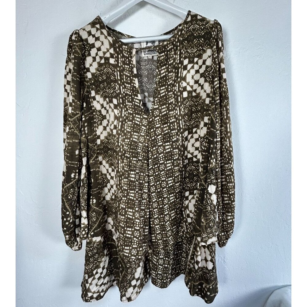 Jaase Hand Shaped in the Shed Abstract Print Long Sleeve Mini Dress Large Boho